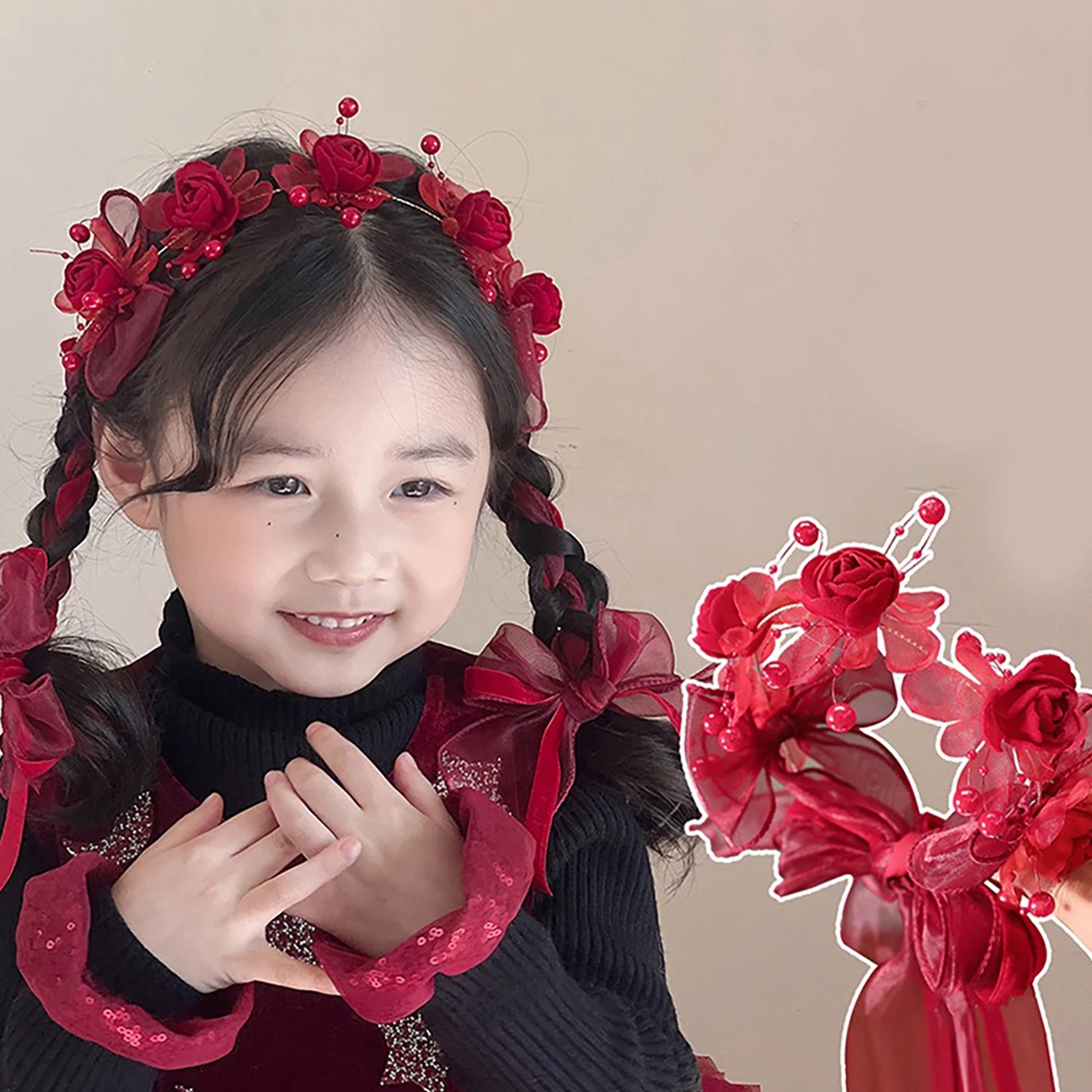 여아 빨간색 새해 왕관  머리띠 꽃 머리띠 여자아이 나비 땋은 리본 머리띠 어린이 미끄럼 방지 헤어밴드