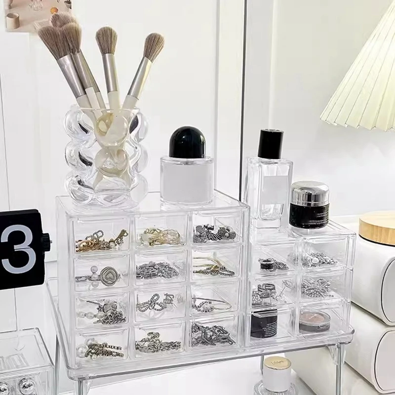 6/9/12 Grids Mini Drawer Storage Box Acrylic Earring Organizer Boxes Transparent Ring Jewelry Cosmeyic Drawers Desktop Organizer 4