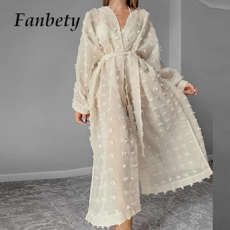 

Elegant Lady Jacquard Mesh Long Dress Spring Women Long Sleeve Perspective Dress Casual Solid Bikini Lace-Up Sunshade Cover-ups