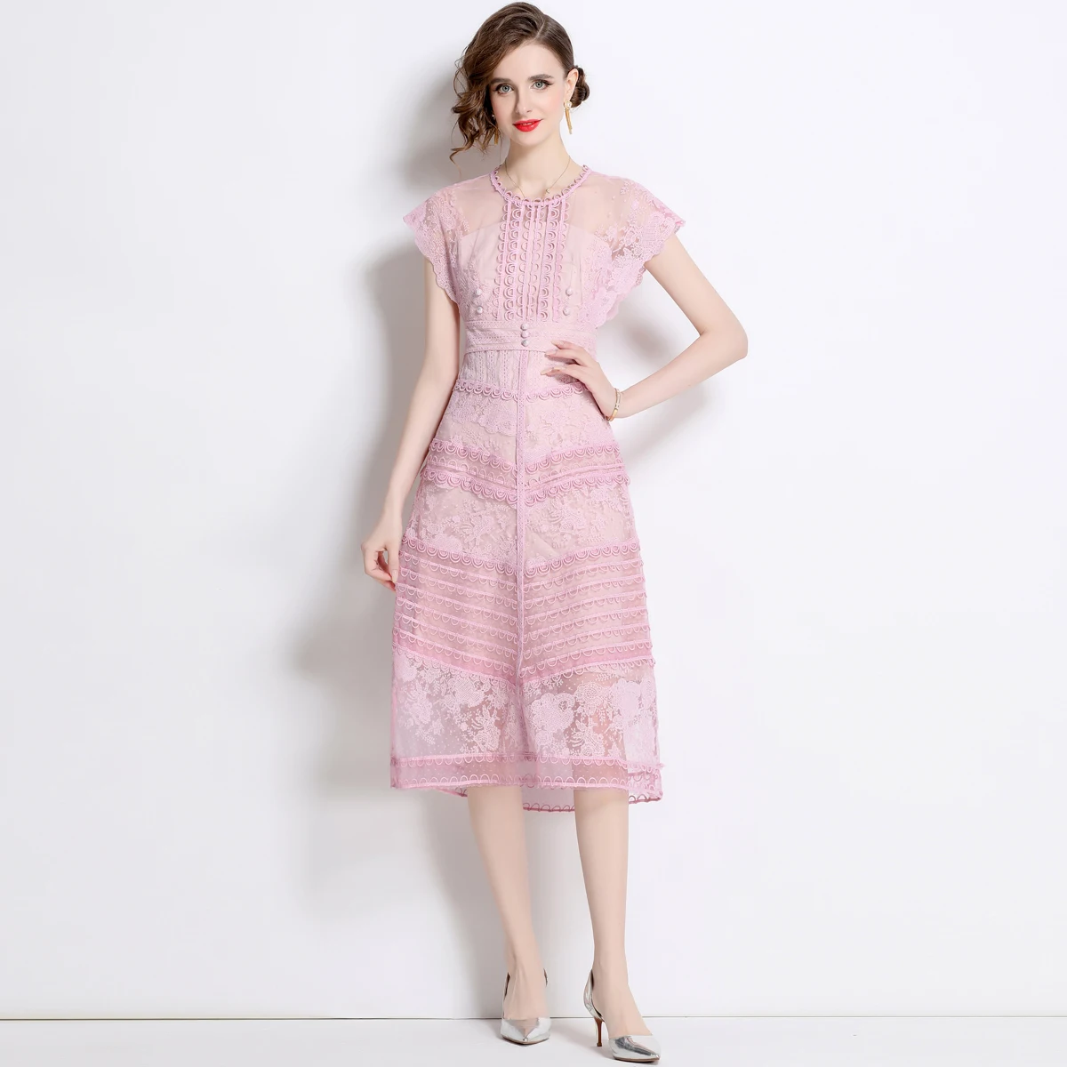 

ZJYT Summer Designer Women's Embroidery Lace Dress Sweet Pink Midi Sexy Prom Party Dresses Elegant Female Clothing Vestidos 2024