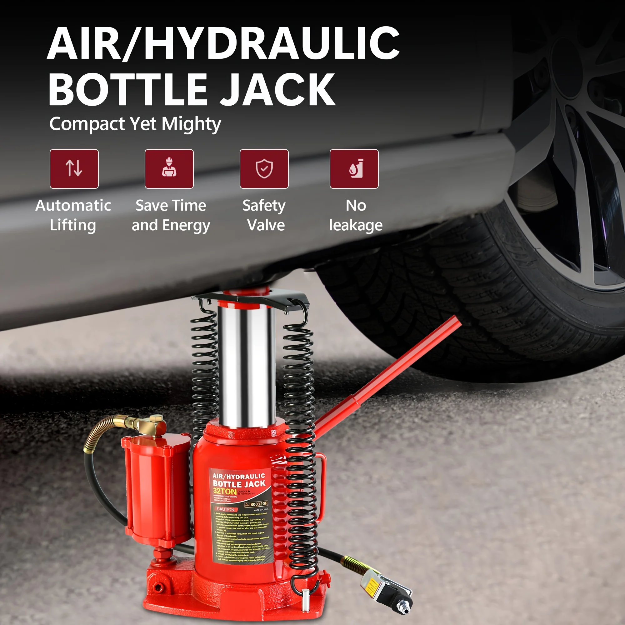 32-Ton Hydraulic Bottle Jack Air-Operated Bottle Jack Lift Portable Low Profile Manual Jack Air Jack with Handle