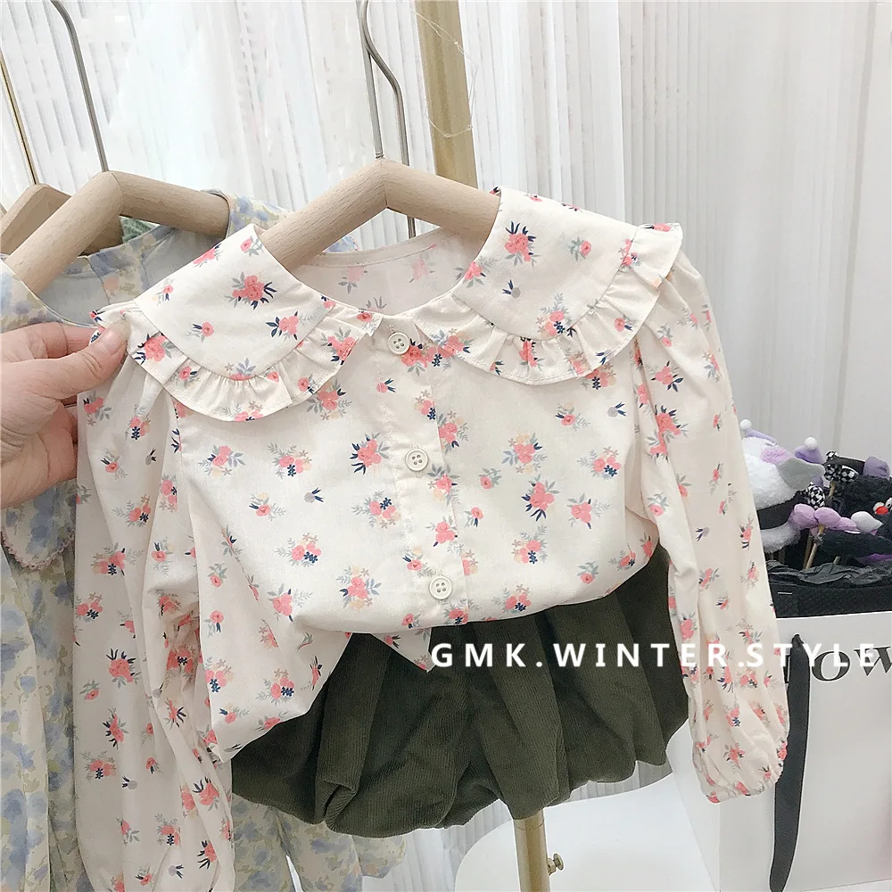 

Korean Spring Autumn Children Girl 2PCS Clothes Set Peter Pan Collar Floral Printed Shirt Solid Lantern Shorts Kids Girl Outfits