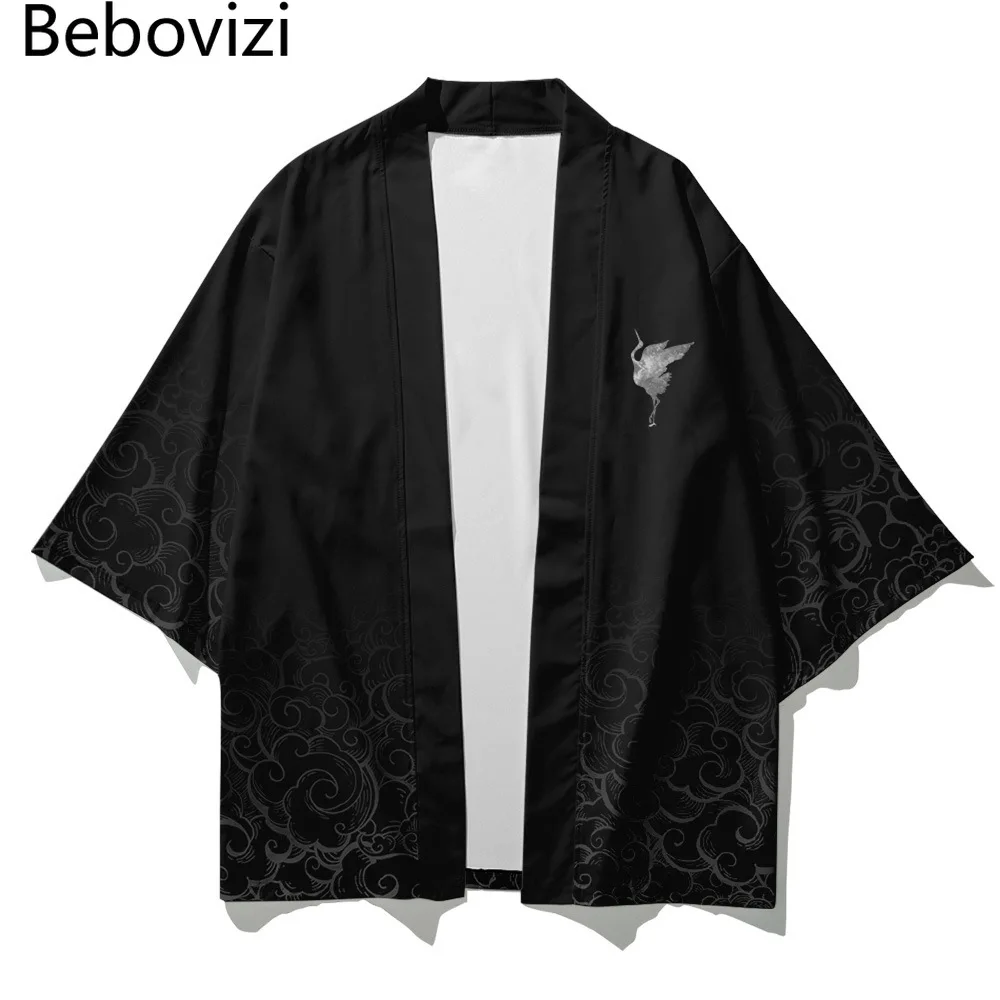 Bebovizi Japanese Crane Kimono Cosplay Pant Men Women Cardigan Samurai Robe Black Clothes Summer Yukata Vintage Haori