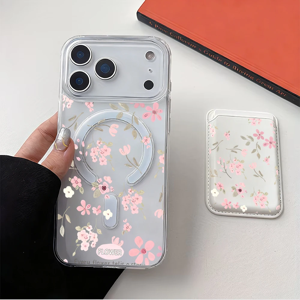 Pink Floral Magnetic Card Holder Phone Case with MagSafe Wallet