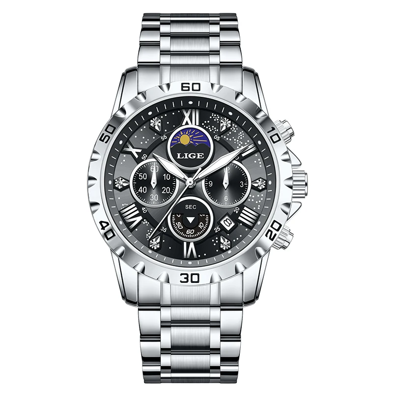 LIGE Luxury Stainless Steel Luminous Men's Chronograph Watch