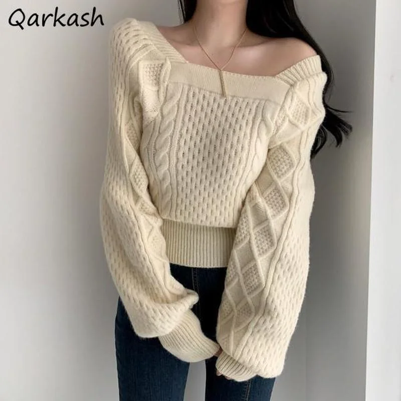 

Pullovers Women Square Collar Ladies Sexy Autumn Fashion Cozy Tender Cropped Elegant Sweaters Ulzzang Preppy Korean Style Chic