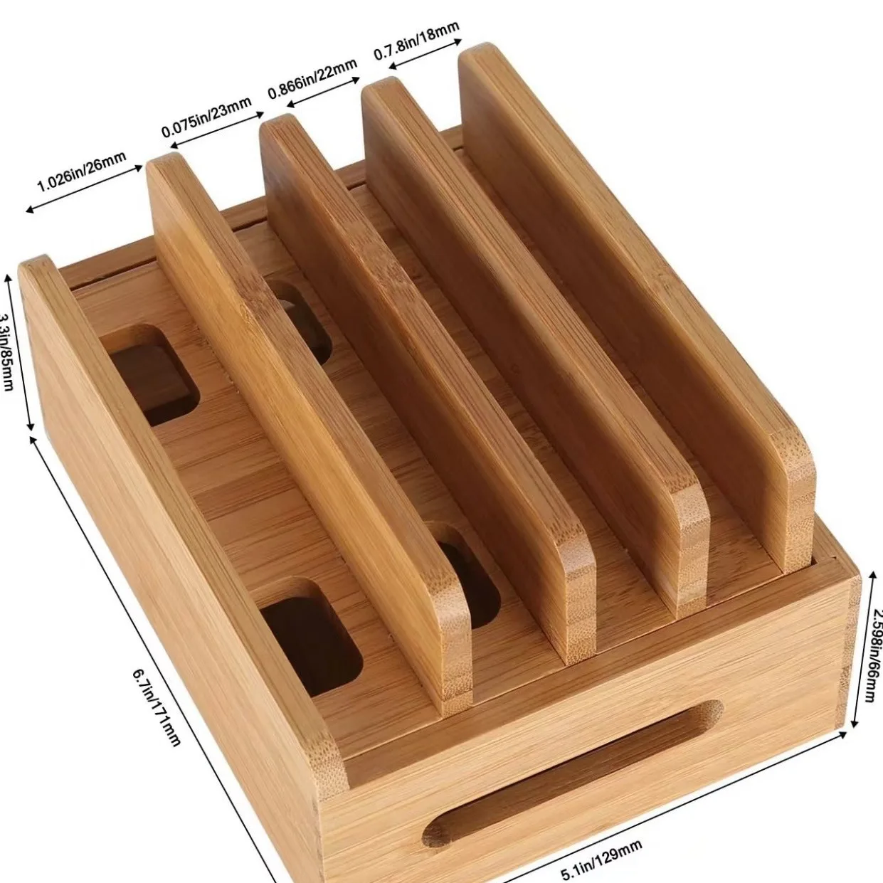 Simple Phone Tablet Stand Charging Organizer Box Partitioned Large Capacity Natural Bamboo Smooth Polished Safe To Touch Storage 6