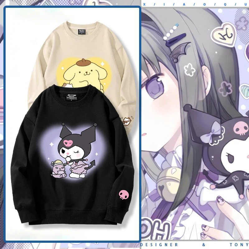 

Милые толстовки с капюшоном Sanrio из 100% хлопка, с помпоном Hello Kitty Kuromi, Классические или флисовые мягкие милые топы с круглым вырезом