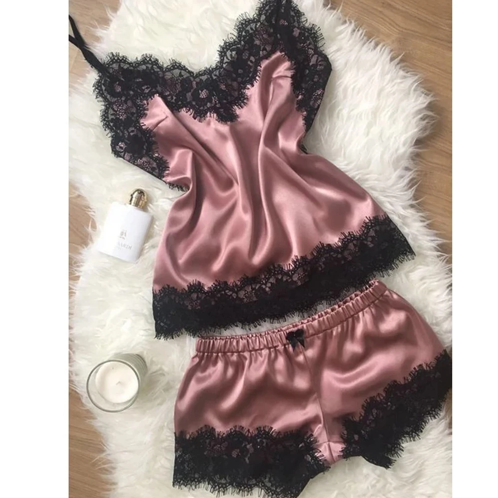 Women Pajama Suit Fashion V-Neck Stretch Satin Babydoll Lace Sexy Lingerie Bowknot Pyjamas Sleep Shorts Set Sleepwear New sexy women lace v neck strap satin camisole top shorts pajama set sleepwear for home