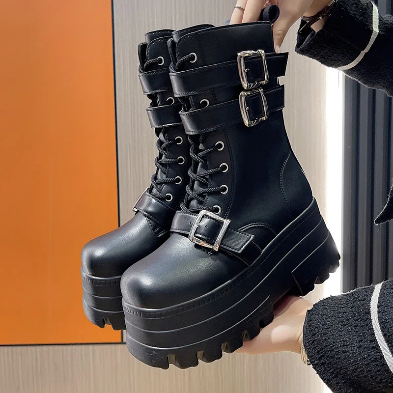 Black Autumn Women Punk Style Platform Ankle Boots Thick Sole Leather Motorcycle Boots 8CM Chunky Metal Buckle Short Boots Woman