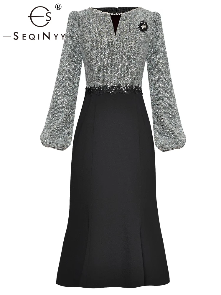 

SEQINYY Elegant Midi Dress Summer Spring New Fashion Design Women Runway Beading Silver Spliced Lace Flower Office Lady