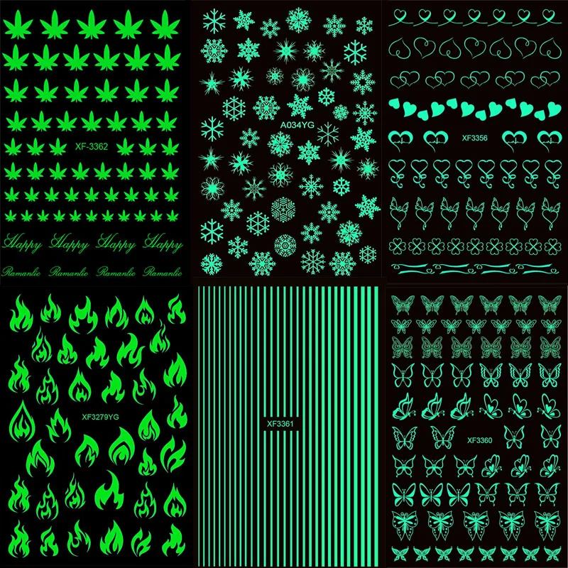 20 Pz/Set 3D Glow In The Dark Adesivi Per Unghie Alfabeto Inglese/Pentagramma/Farfalla/Linea/Cuore Decorazione Cursori Luminosi Per Nail Art