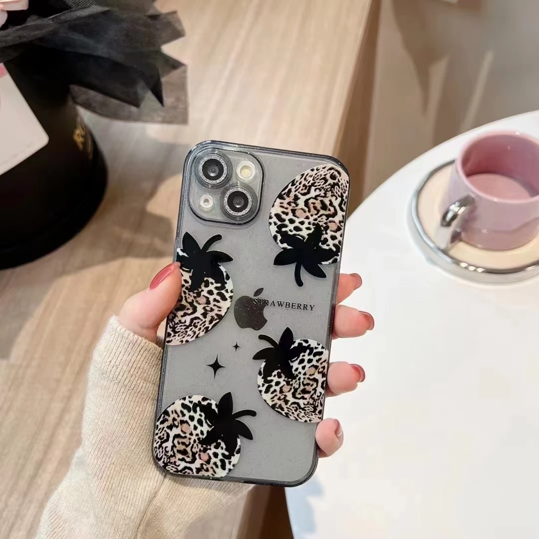 Tpu Pink Diamond Lens Film Strawberry Leopard Pattern Adatto Per Iphone 15 14 13 Pro Max Cover Morbida Trasparente In Stile Coreano