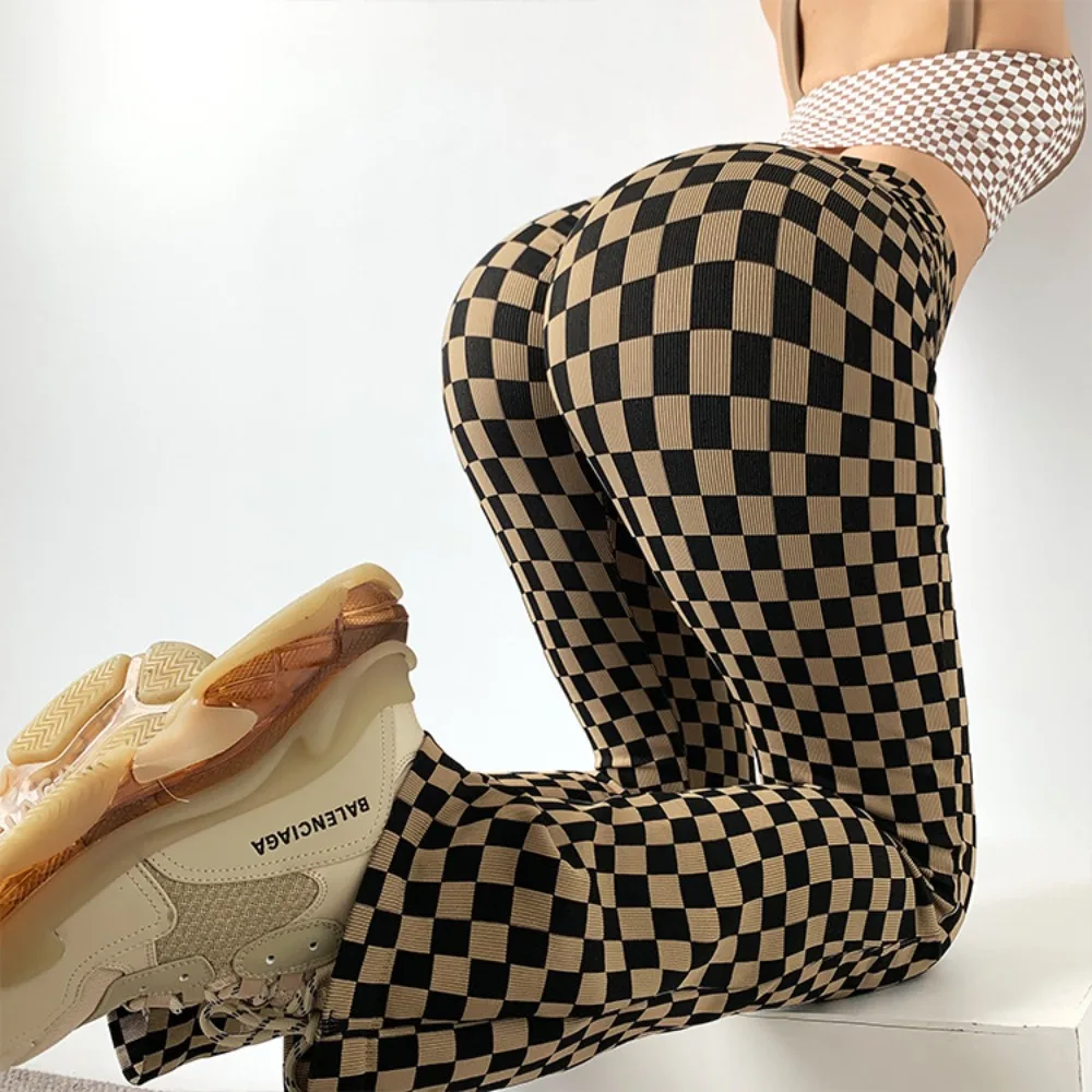 

Fitness Pants Checkerboard Flared Pants Women Autumn and Winter High Waist Wide Leg Yoga Pants Slimming Gym Leggings Women