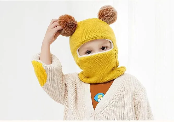 Kid Solid Pompom Beanie Baby Boy Girl Hooded Scarf Caps Hat Winter Warm Knit Flap Cap Scarf Newborn Winter Windproof Warm Hats