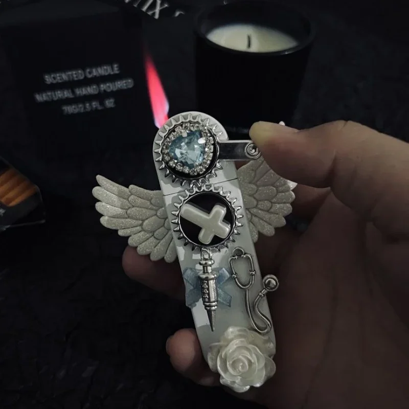 

2024 Angel Wings Pure White Gear Lighter Holy Pink Flame Girl Gift