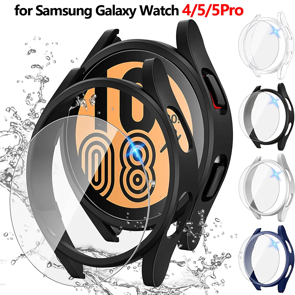 Funda para Samsung Galaxy Watch 5 4 44mm 40mm Protector de pantalla, vidrio resistente al agua, cubierta de parachoques de PC para Galaxy Watch 5 Pro 45mm