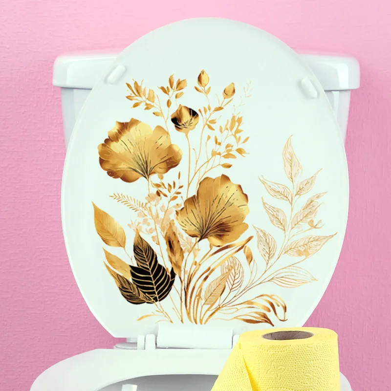 Creative Golden Flower Stickers Toilet Stickers Bathroom Door Wall Wallpaper Self Adhesive Decorative Washroom Vinyl Decals