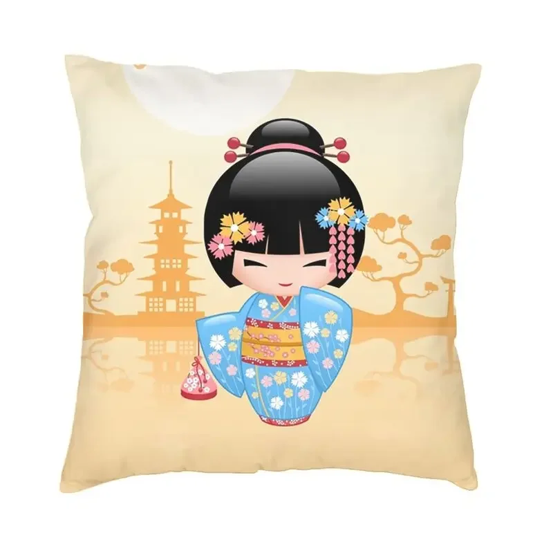 

Japanese Maiko Kokeshi Doll Cushion Cover Double-sided Printing Cute Girly Vector Geisha Floor Pillow Case for Sofa Pillowcase
