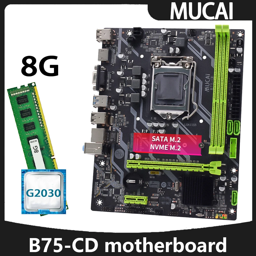 Mucai-motherboard Kit B75 Lga 1155 Kit com Processador Cpu Intel Pentium G2030 e Memória Ram Ddr3 8gb 1600mhz para Computador pc