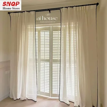 French Cotton Linen Beige Sheer Curtain – Black Edge Trim 1