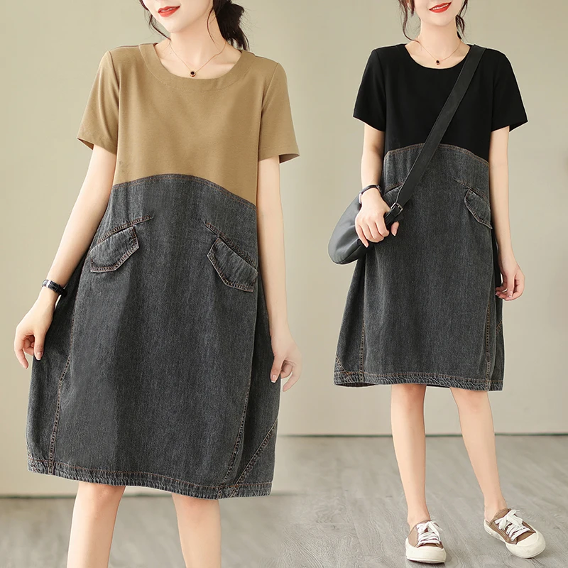 

Summer High Street Korean Style Fake Two Piece Dresses For Women Patchwork Causal Loose Short Sleeve A-Linen Black Denim Dress