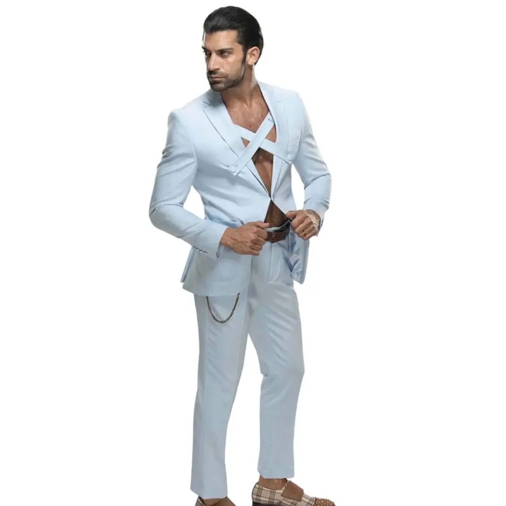 

Fashion Design Sky Blue Men Suits Jacket Classic Fit 2 Piece/Casual Prom Party Dailymale Clothes Costume Homme Blazer Pant Set