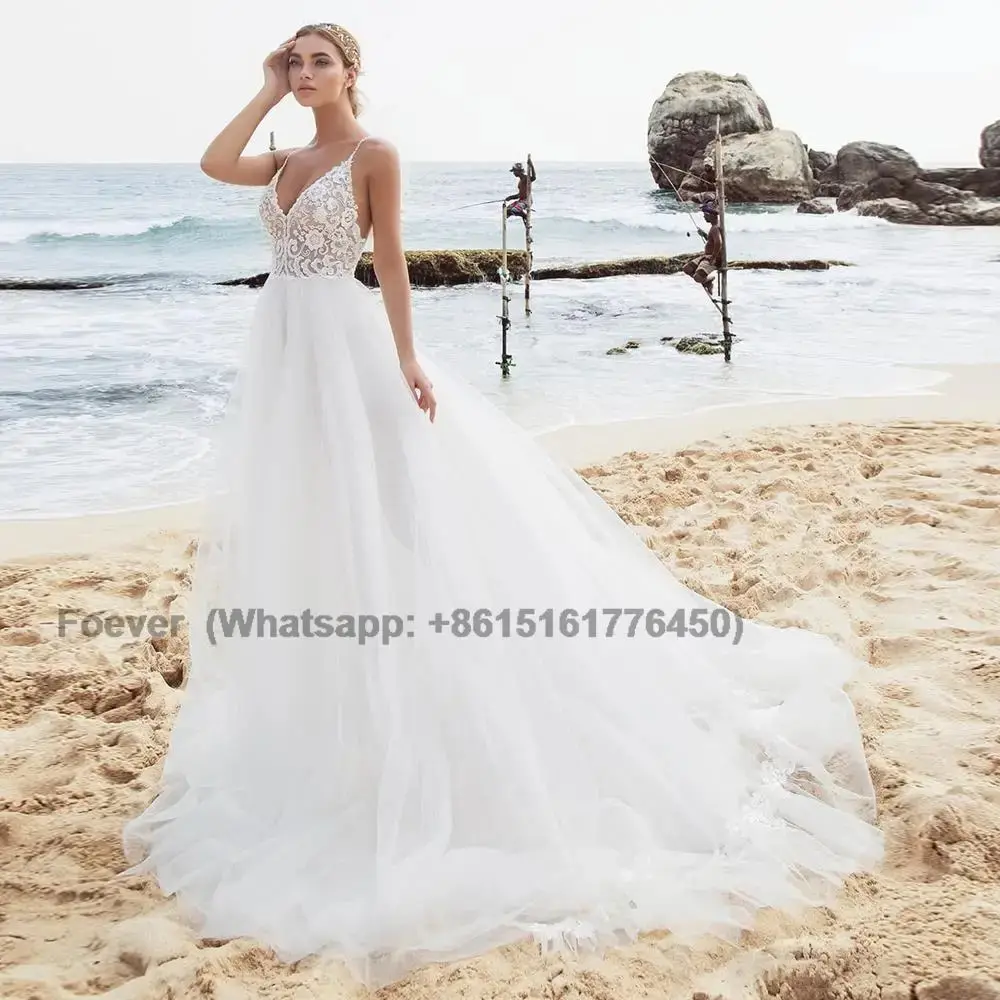 

Bohemian Lace Applique A-Line Wedding Dress Spaghetti Strap Sleeveless Beach Bridal Gowns Backless Court Train Vestidos De Novia