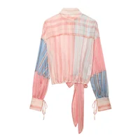 Nouvelle Collection Été 2026 : Chemisier Femme Color-Block à Manches Longues, Décoré d'un Nœud, Transparent et Léger, Tendance et Unique 2