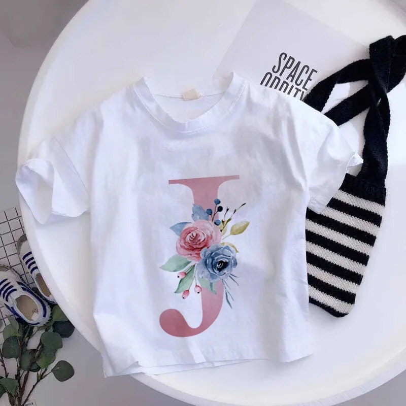 thumbnail image 1 of Camiseta de algodón con 26 letras en inglés ABCD, camiseta de verano para niños con flores, ropa informal de dibujos animados, camisetas de manga corta para niñas y niños, 1 of 5