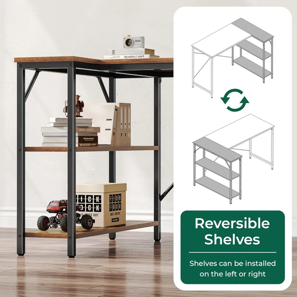 Huuger L Shaped Desk, 63 Inches Computer Desk with Reversible Storage Shelves, for Gaming Corner Home Office Writing Study, Meta