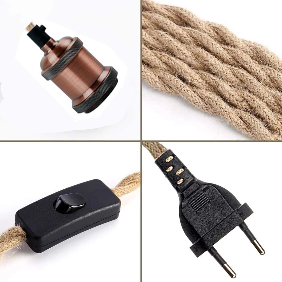 2M 3M Power Cord Pendant Light Twist Hemp Rope Cables E26 E27 Lamp Holder EU Plug with Switch Wire Edison Bulb Socket Cord Cable lamp holder,lamp bulb holder,lamp base,lamp socket adapter,lamp socket extender,diy lighting accessories