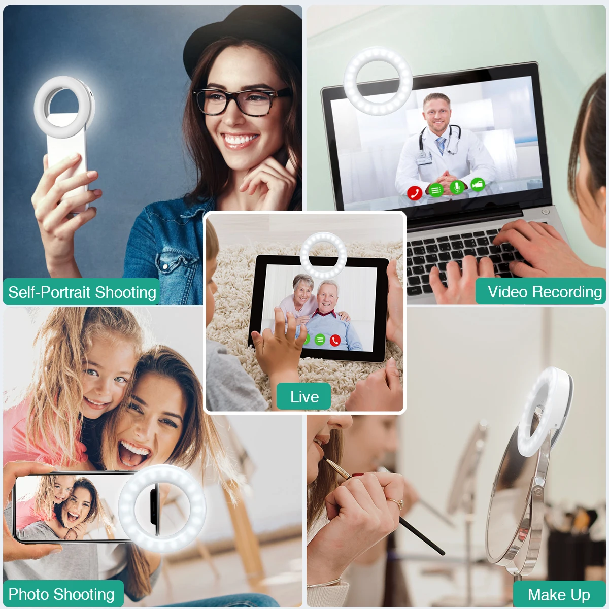anillo de luz para telefono para selfie con 3 brillos recargable por USB para teléfono/tableta/portátil » anillo de luz para telefono para selfie con 3 brillos