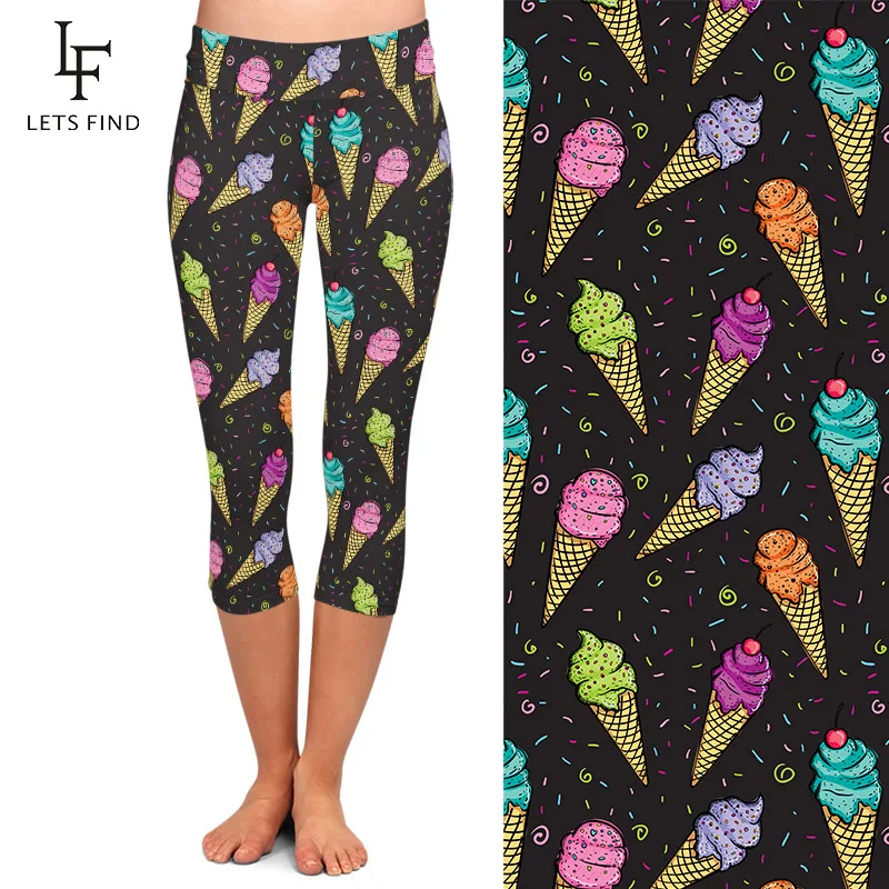 LETSFIND New 220gsm Double Side Brushed Milk Silk Print Women High Waist Capri Leggings Colorful Ice Cream Style Pants