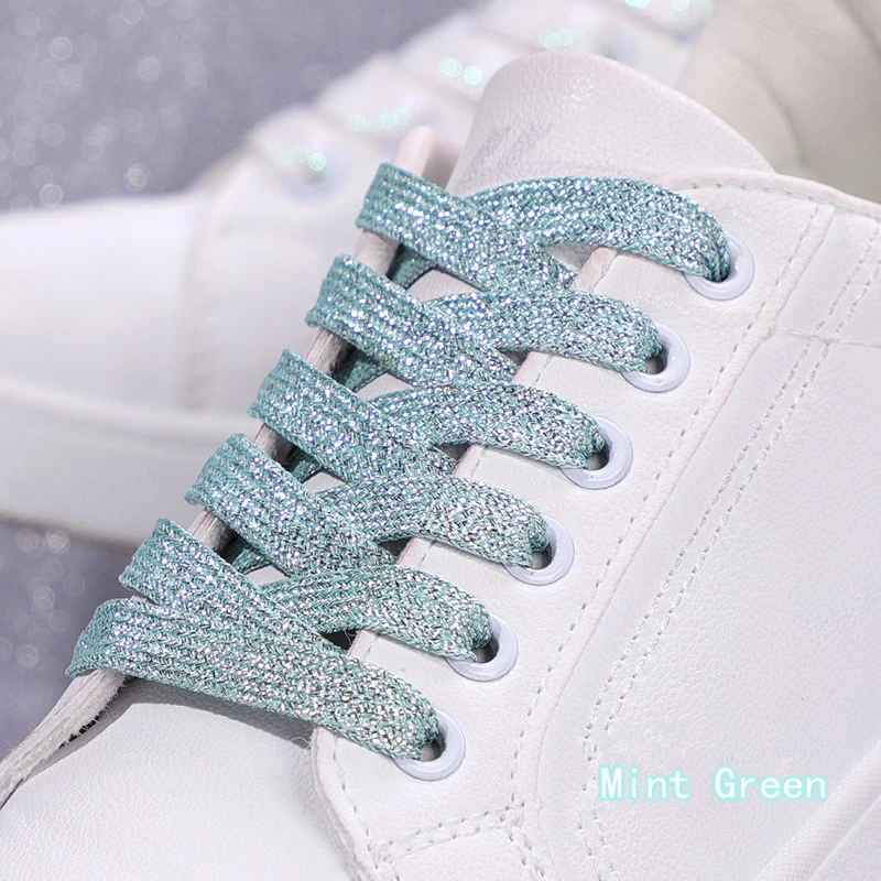 Vibrant Metallic Glitter Flat Shoelaces - Silver, White, and Gold for Sports and Running Shoes
