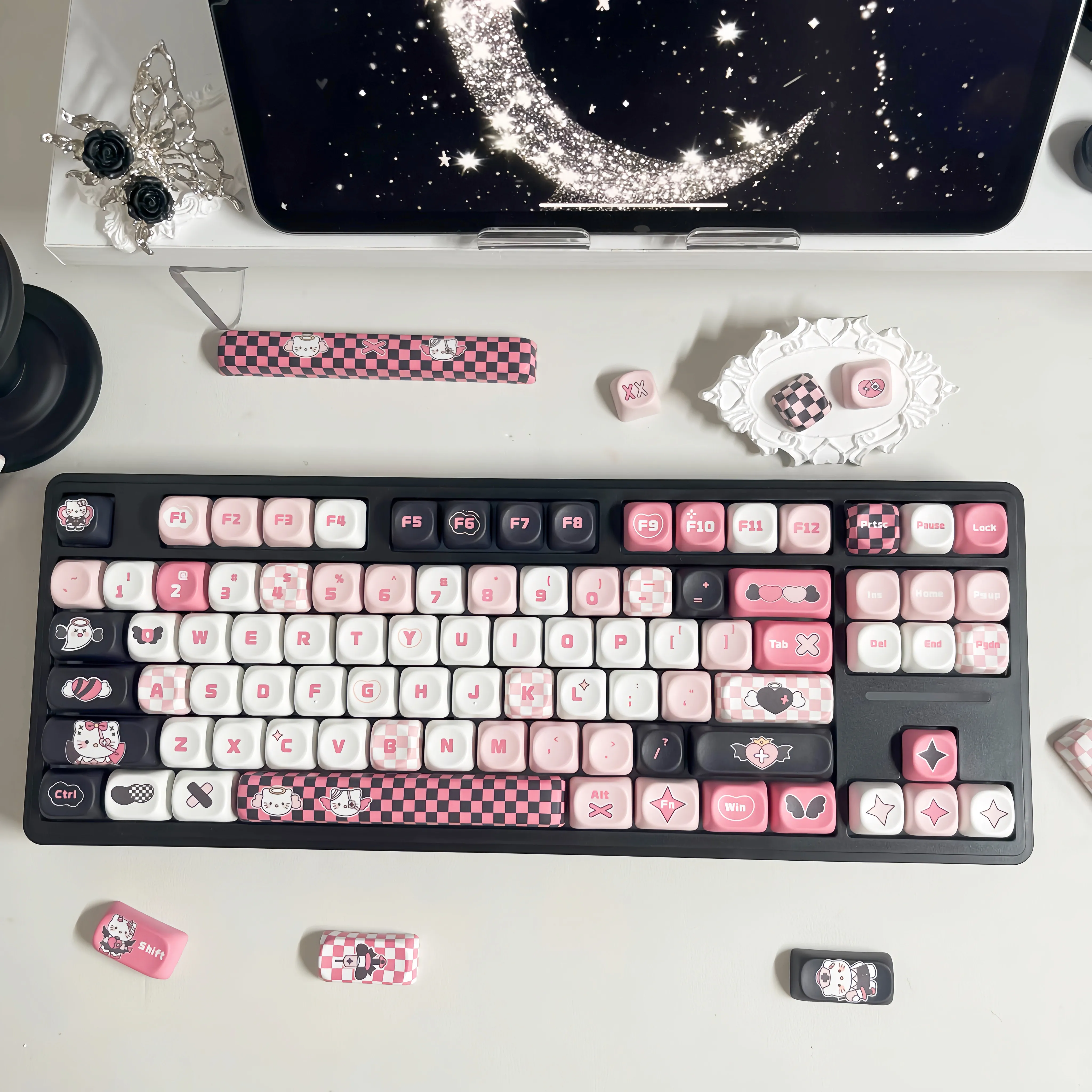 KT 고양이 키캡 MOA 귀엽고 멋진 블랙 파우더 볼캡 PBT 핫 승화 오리지널 68 75 84 87 98 108