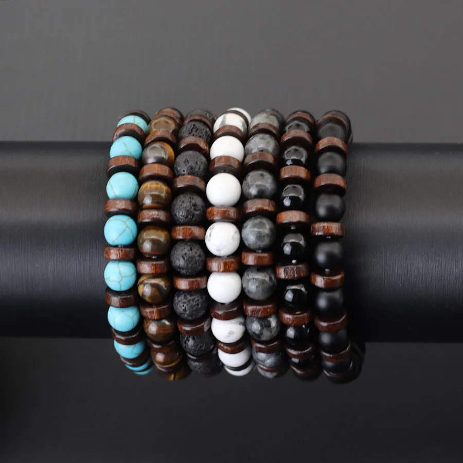 Natural Wooden Tiger Eyes Lava Beaded Men Bracelet