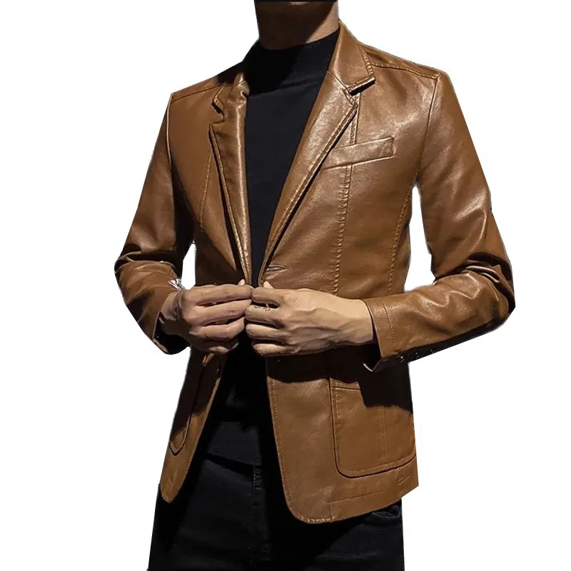 Leather Jackets New Men Business Casual Leather Jacket Black / khaki Fashion Male Suit Collar Coats Large Size 5XL Slim Fit Top