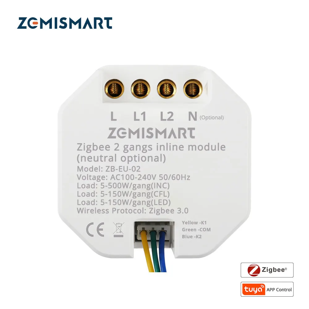 Zemismart Tuya Zigbee Inline Module Smart Switch APP Remote Control Mini Light Switch 2 Gangs 2 Way Neutral Optional Alexa Google Home smart switch lamp base switch lamp holder switch