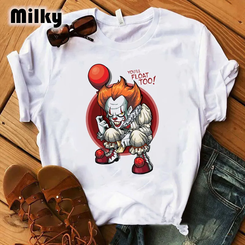 thumbnail image 1 of Camiseta personalizada de película de payaso de terror para mujer, ropa con estampado de Stephen King, Pennywise, Tops para mujer 2024, 1 of 5