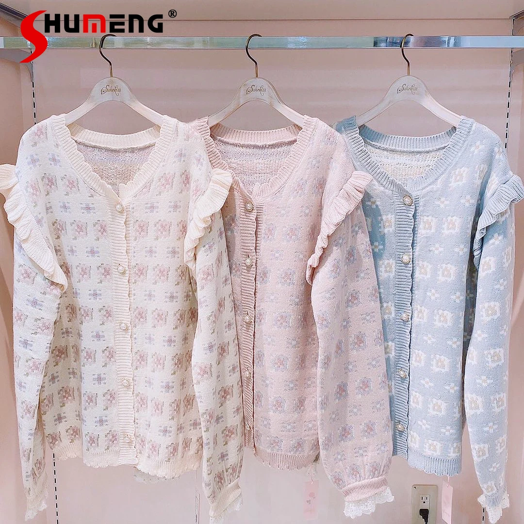 

2023 New Spring Autumn Sweater Top Retro French Style Sweet Knitted Sweater Floral Handle Mid-Length Sweater Cardigan for Women