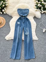 Hong Kong Sle Chic Hollow out Svel High Waist Slimming Denim Overalls Casual Hole Punching Design Commute Straight Tube