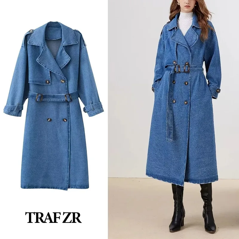 

TRAF ZR Denim Trench Coat Women New in Coats & Jackets Plus Size Autumn Women's Clothing Vintage Jean Woman Coat Trend 2023