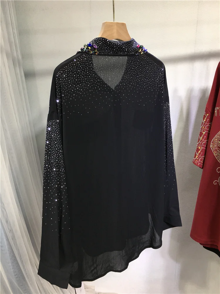 Fashion 2024 Summer New Rhinestone Shirts Women's Lapel Full Diamond Beaded Sequins Loose Chiffon Shirt Shiny Long Sleeve Shirts
