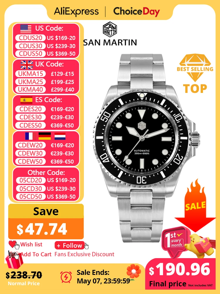 

San Martin 2023 New Men Diving Watch NH35 Luxury Automatic Mechanical Wristwatch Sapphire Waterproof 300m Fly Adjustable Clasp