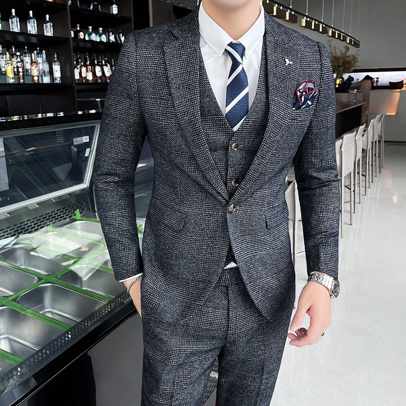 

[Blazer+Vest+Pants]Fashion plaid men casual boutique wedding groom best man suit banquet dress formal business three-piece suit