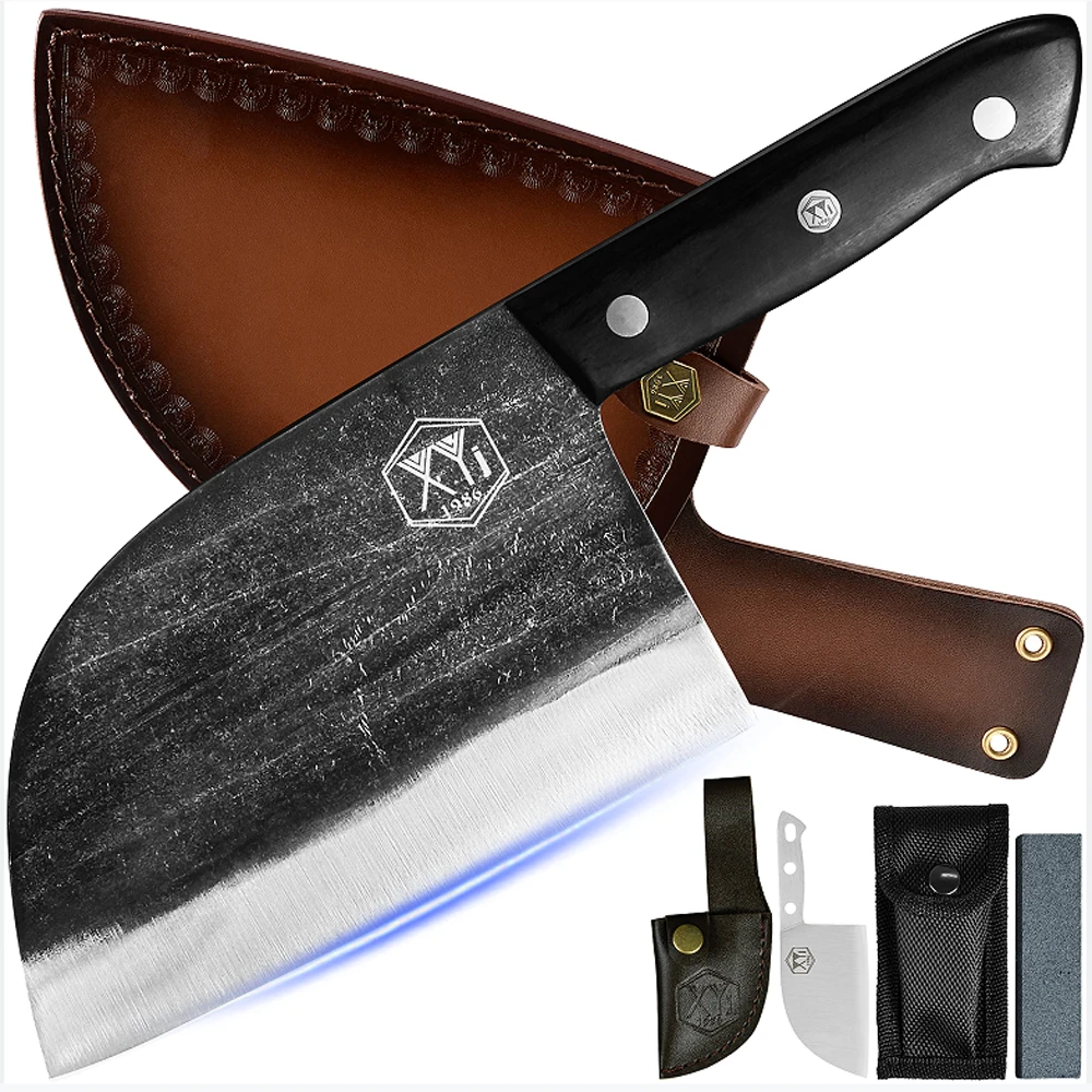 

XYj Full Tang Butcher Knife Sheath 7 inch Wide Blade Cleaver Chopping Knife Forged Handmade Cutting Knife With Wood Handle Gift