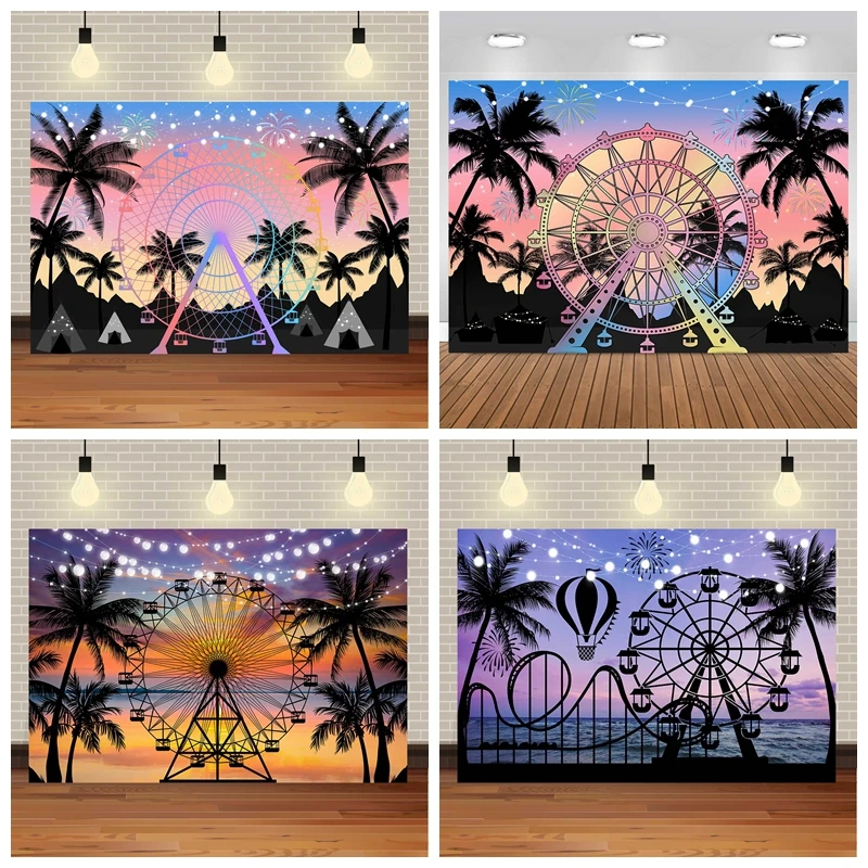 

Seaside Sunset Ferris Wheel Backdrop Musical Festival Wedding Photography Background Tropical Hawaii Holiday Birthday Party Deco