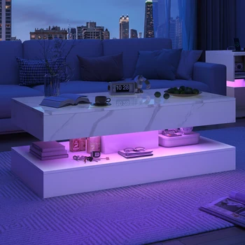 Modern Stylish Coffee Table with LED lights, Double-Layer Design for Living Room Coffee Table with 2 Storage Drawers 2