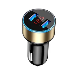 Dual USB Car Charger with Digital Display and Fast Charging Capability (Gold)
